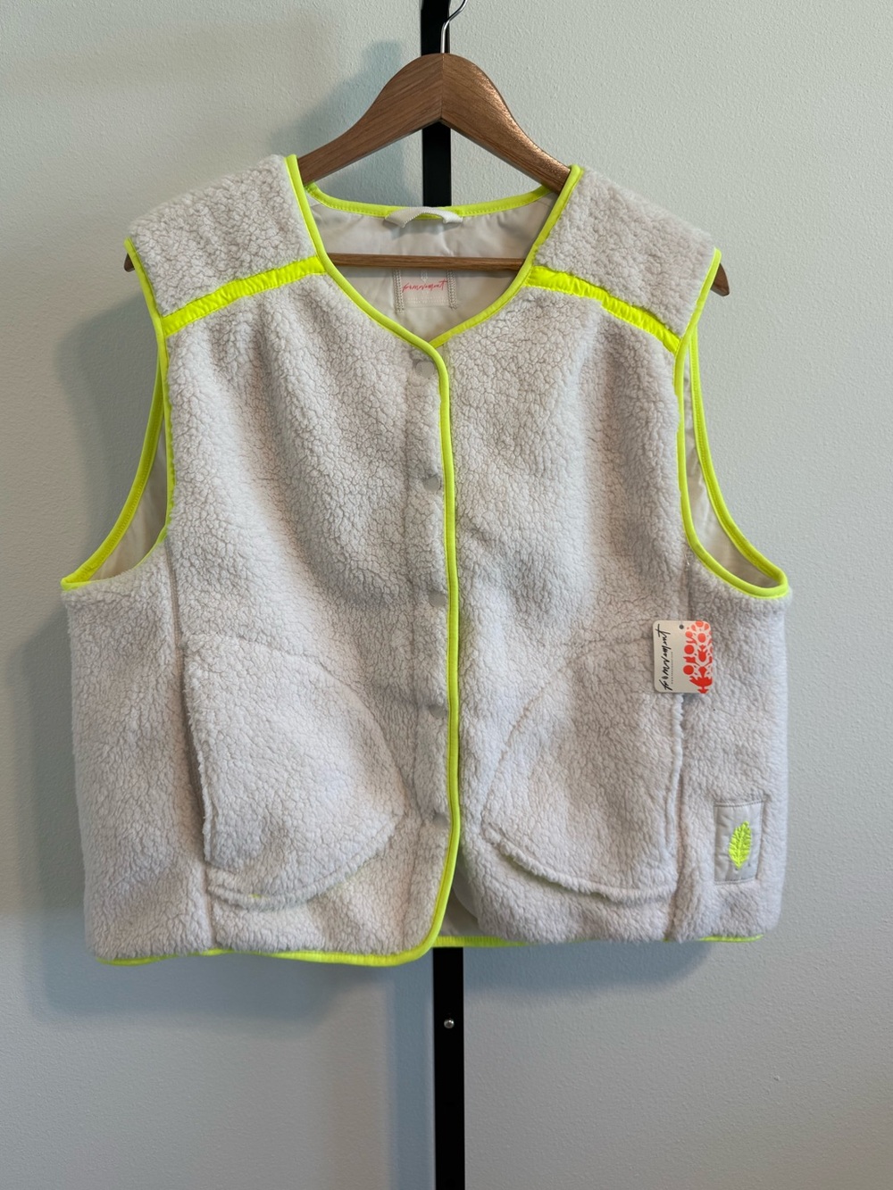 NWTFree People Movement  Keep It Cozy Fleece Vest with Neon Yellow Trim Athletic
